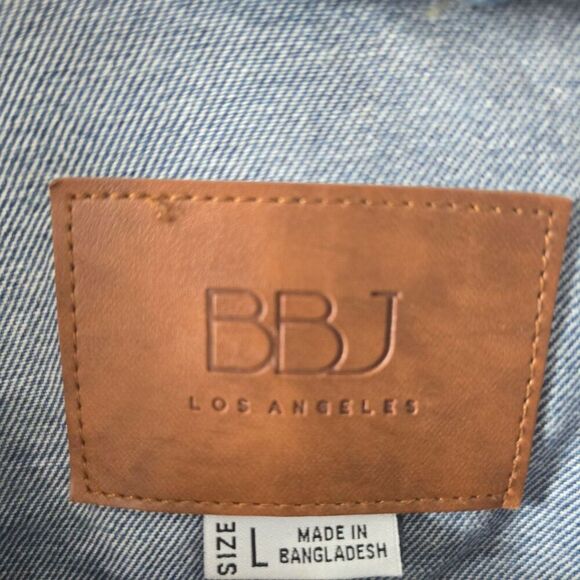 BBJ Los Angeles Size L Womens Denim Cropped Rose Gold Zipper Distressed Jacket - Picture 3 of 4